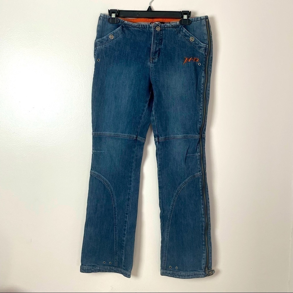 Harley Davidson Moto Jeans Reinforced Knees Side Zip Boot Cut Blue Size 8